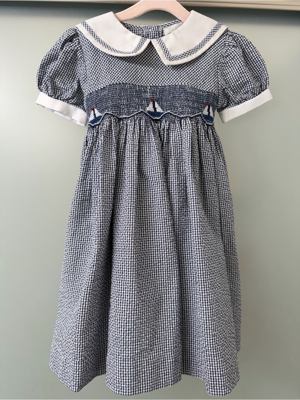Navy Gingham Smocked Sailboat Girls Dress with Peter Pan Collar 2T